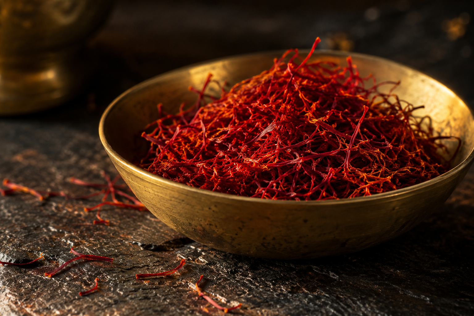 Deep crimson saffron threads in a brass bowl